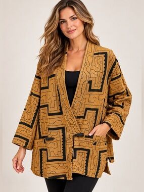 Vintage Abstract Geo Print Cotton Shacket Jacket Small Wrap Kimono Robe Horn Tog